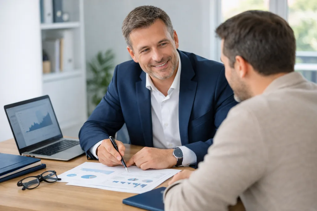Conseiller en gestion de patrimoine expliquant une stratégie financière à un client lors d’un rendez-vous patrimonial