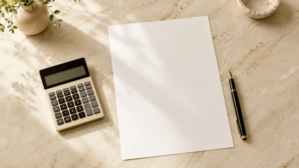 Calculatrice et document tarifaire sur un bureau clair : tarif d'un conseiller en gestion de patrimoine
