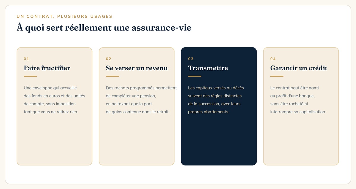 Quatre usages d'une assurance-vie : capitaliser, se verser un revenu, transmettre, garantir un crédit