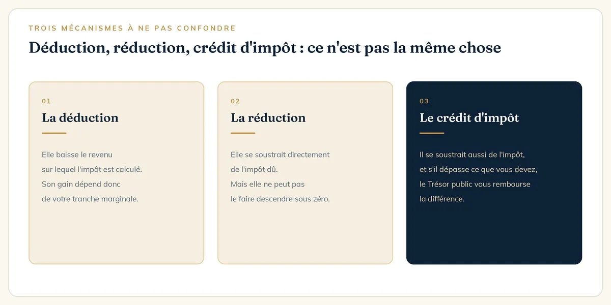 Différence entre déduction, réduction et crédit d'impôt