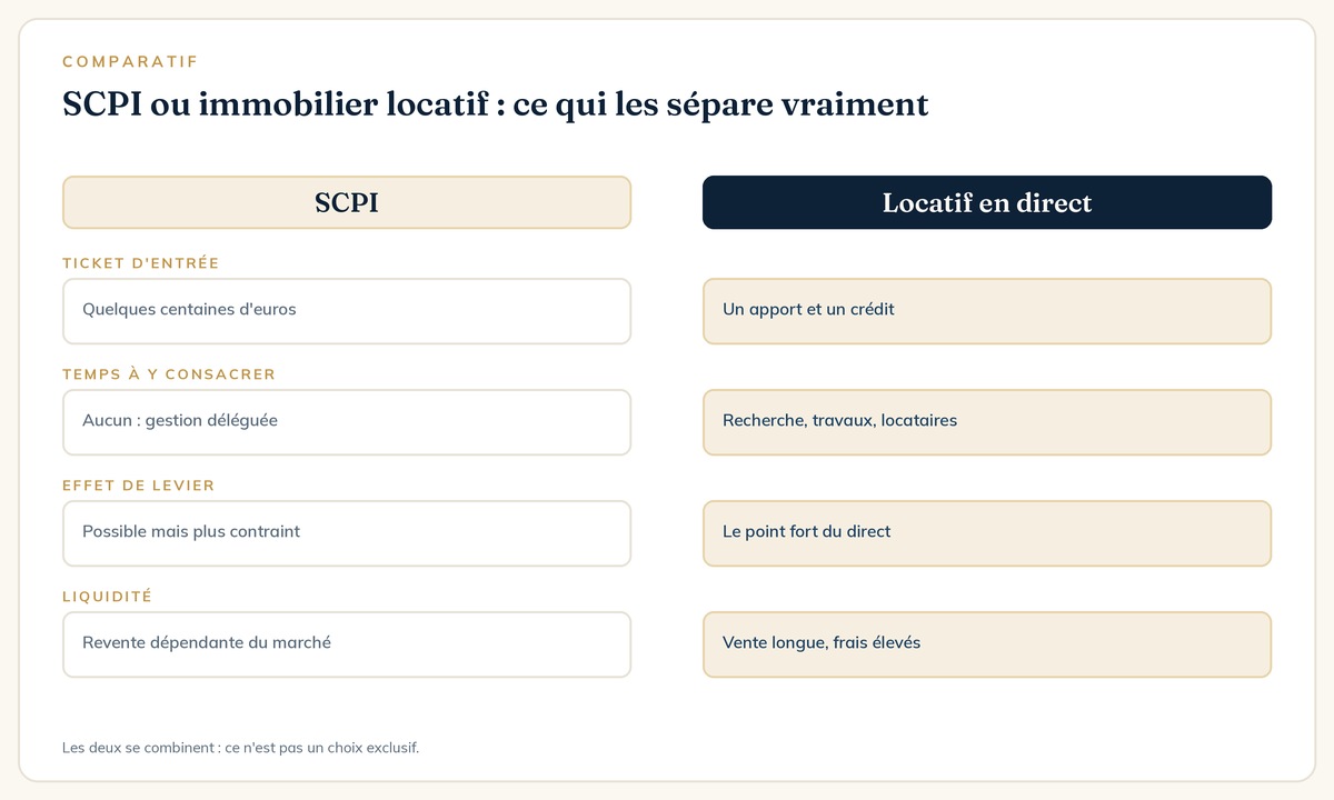 Comparatif SCPI et immobilier locatif : ticket d'entrée, gestion, levier et liquidité